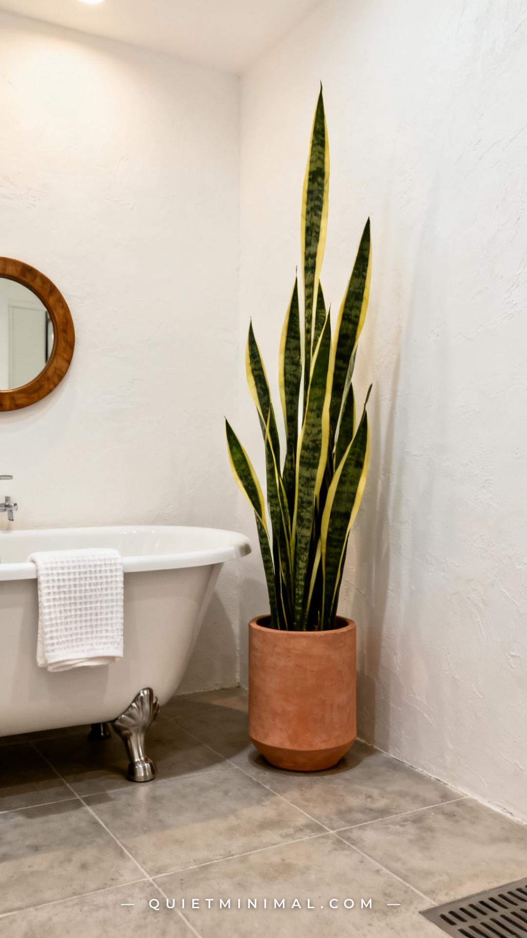 A wide vertical photograph captures a full bathroom corner with a tall snake plant (Sansevieria) in a sculptural cylinde