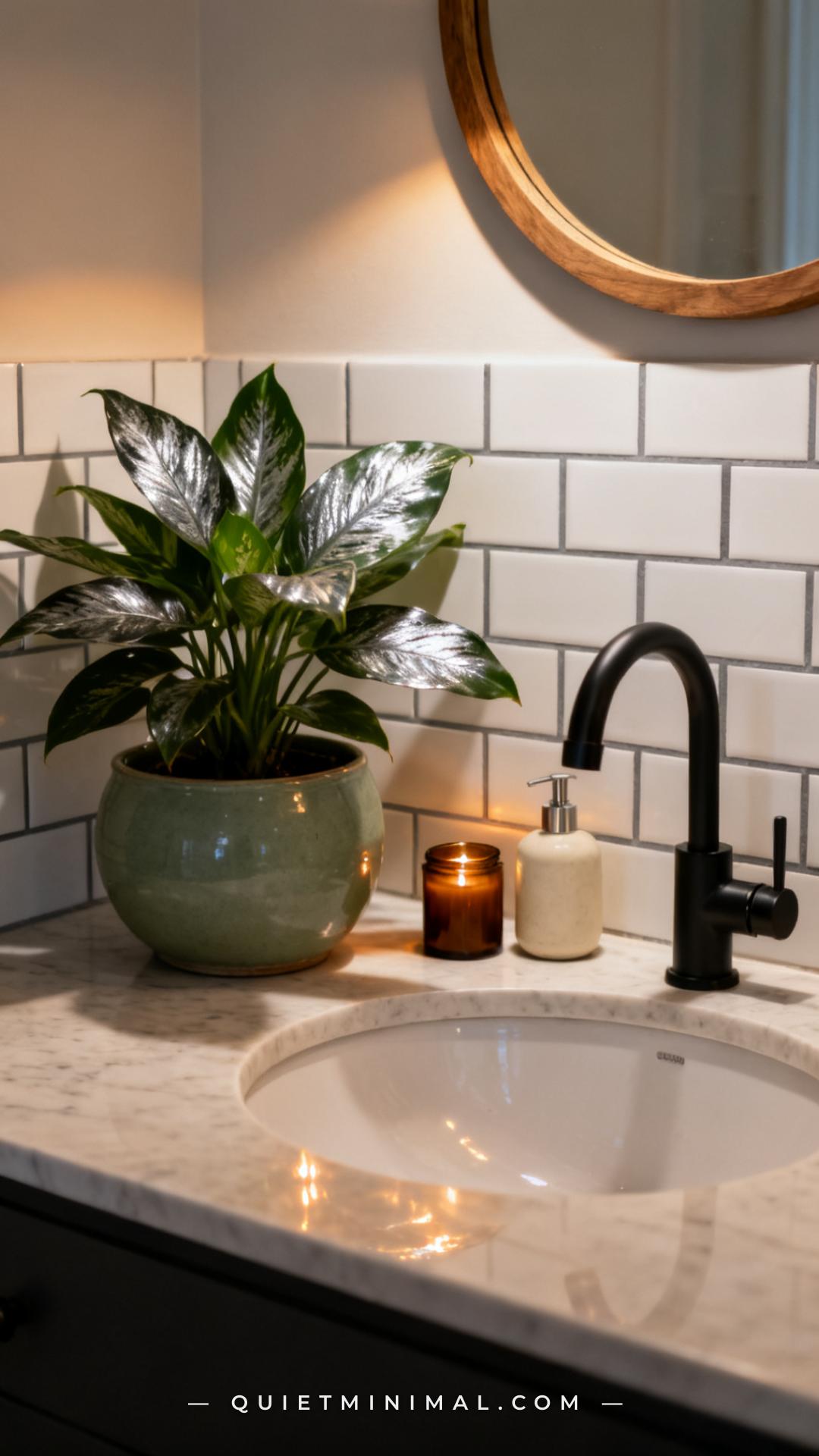 A vertical photograph captures a wide view of a bathroom countertop area showing a Chinese evergreen (Aglaonema) in a me