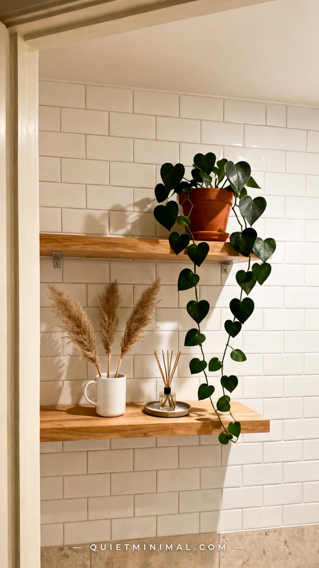 A vertical photograph captures a medium-wide bathroom shelf scene showing a heartleaf philodendron trailing from a terra