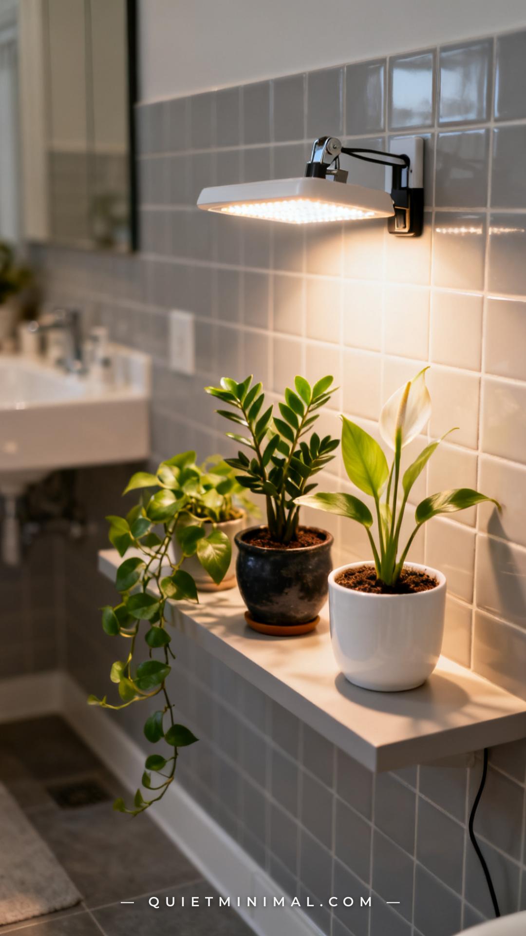 A vertical photograph captures a wide view of a bathroom interior where a slim