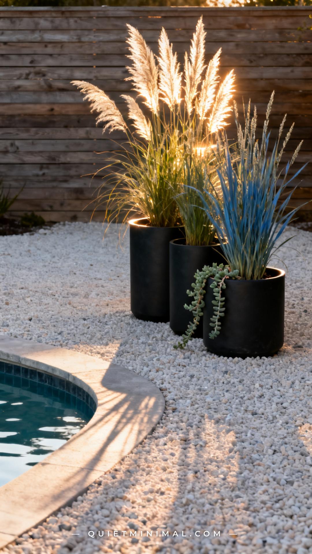 A vertical photograph captures a wide backyard composition showing three matte black cylindrical planters of varying hei