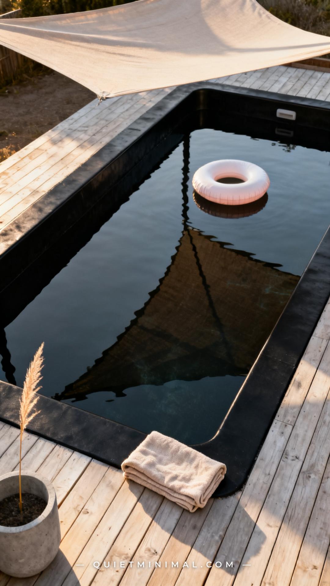 A vertical photograph captures a wide overhead-leaning shot of a black stock tank pool with a single round pool float in