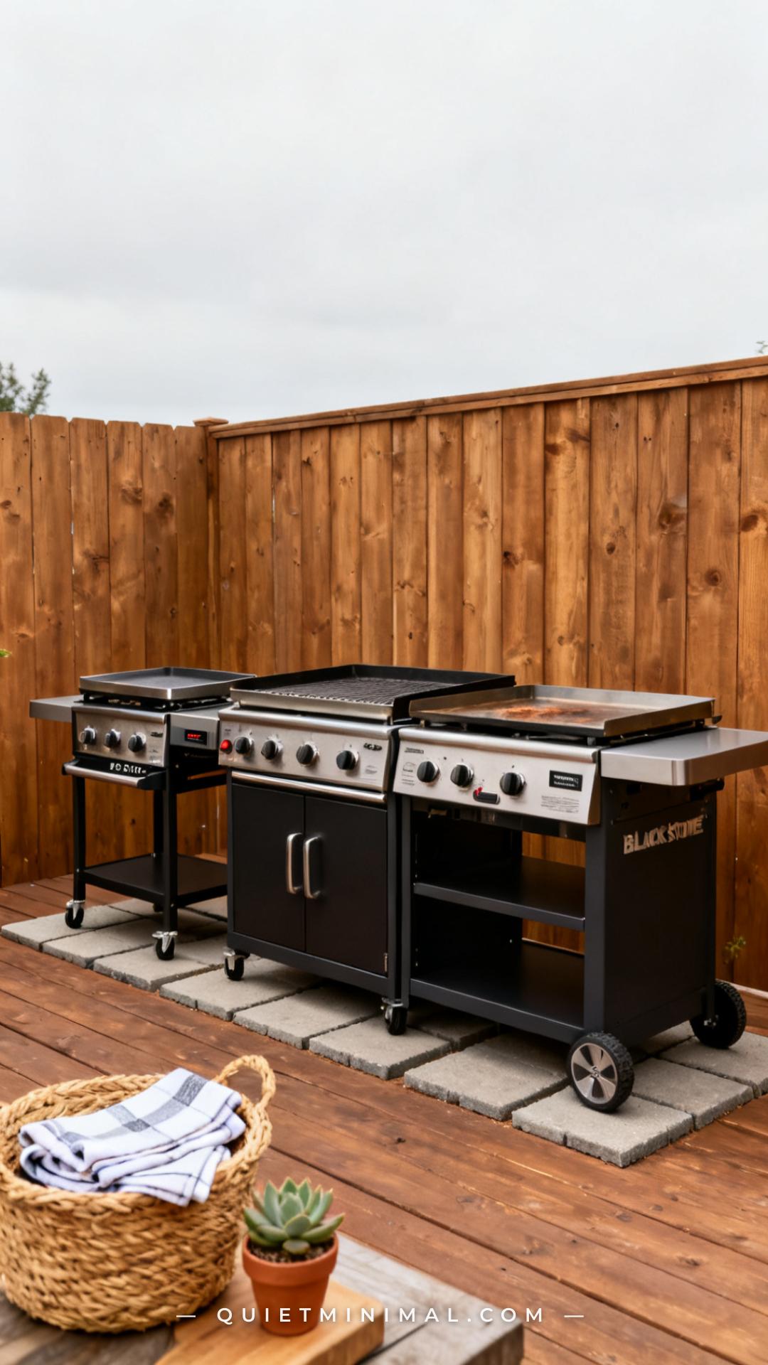 A medium-wide vertical photograph of a backyard patio corner showing three Blackstone griddle models staged side by side