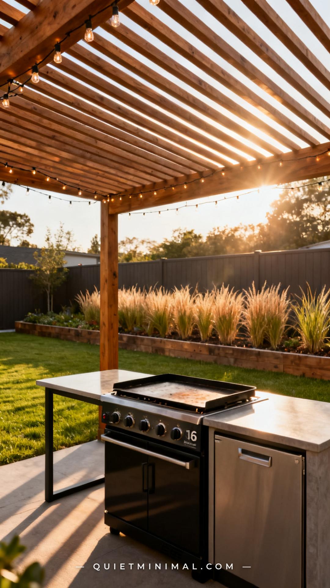 A wide vertical photograph of a complete backyard griddle cooking station viewed from a slight angle