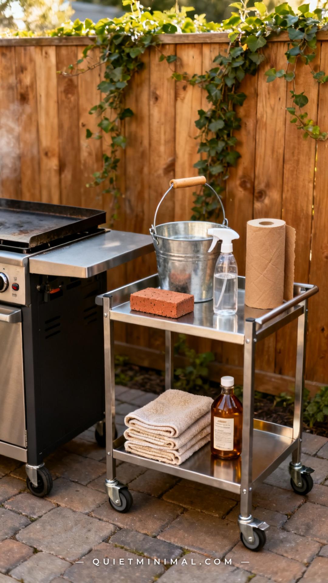 A wide vertical photograph of an outdoor cooking station's cleaning zone