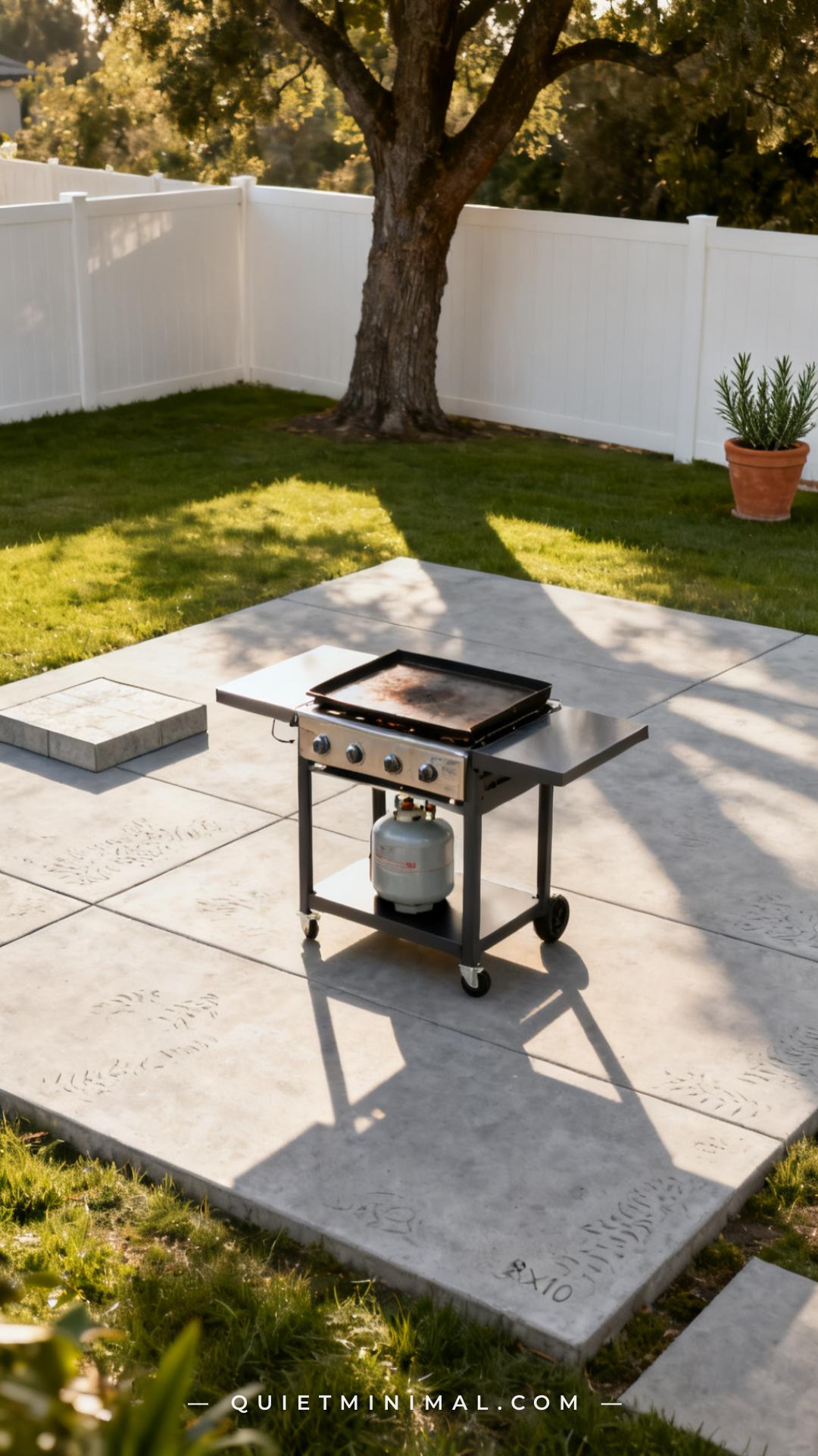 A wide establishing shot of a backyard outdoor cooking zone showing a flat-top griddle cart positioned on a level concre