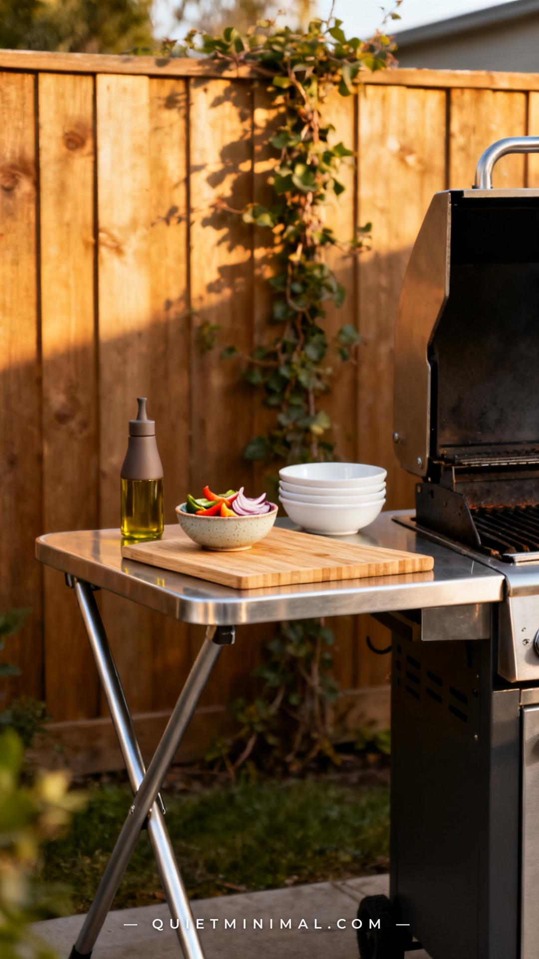 A wide vertical photograph of an outdoor cooking station's prep zone