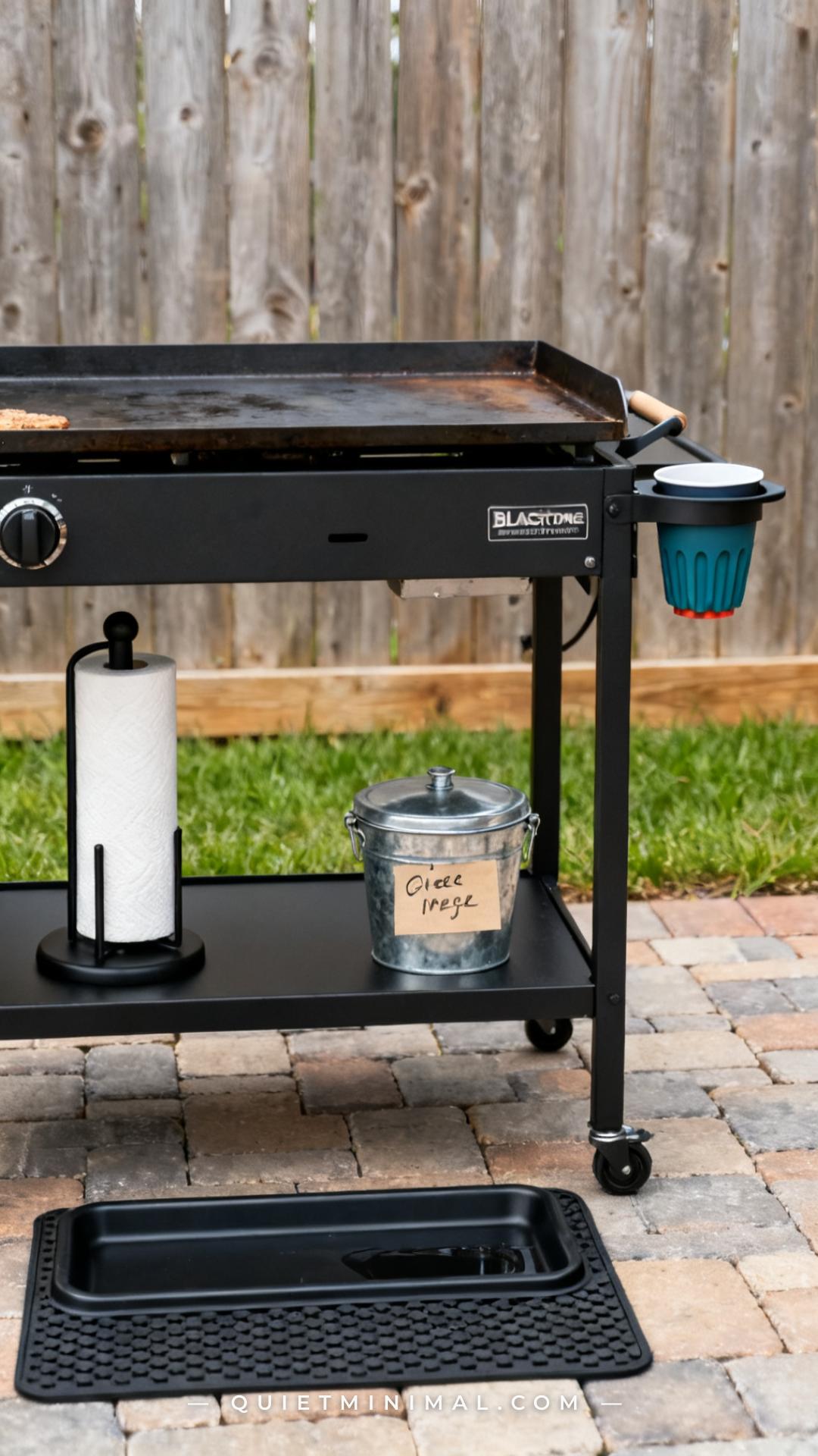 A medium-wide vertical shot of the lower section of a Blackstone griddle cart
