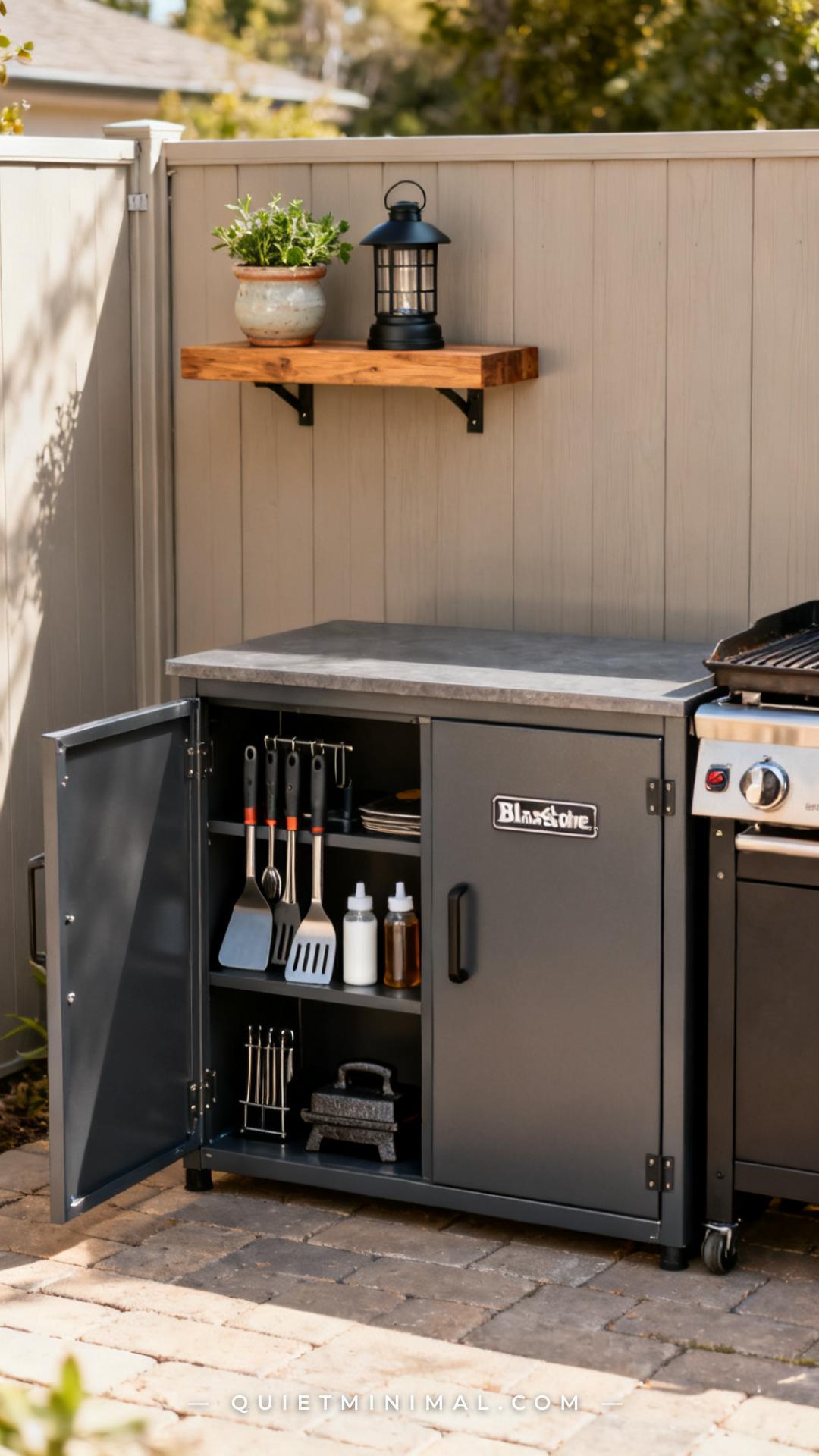 A wide vertical photograph of an outdoor cooking station storage cabinet positioned beside a flat-top griddle