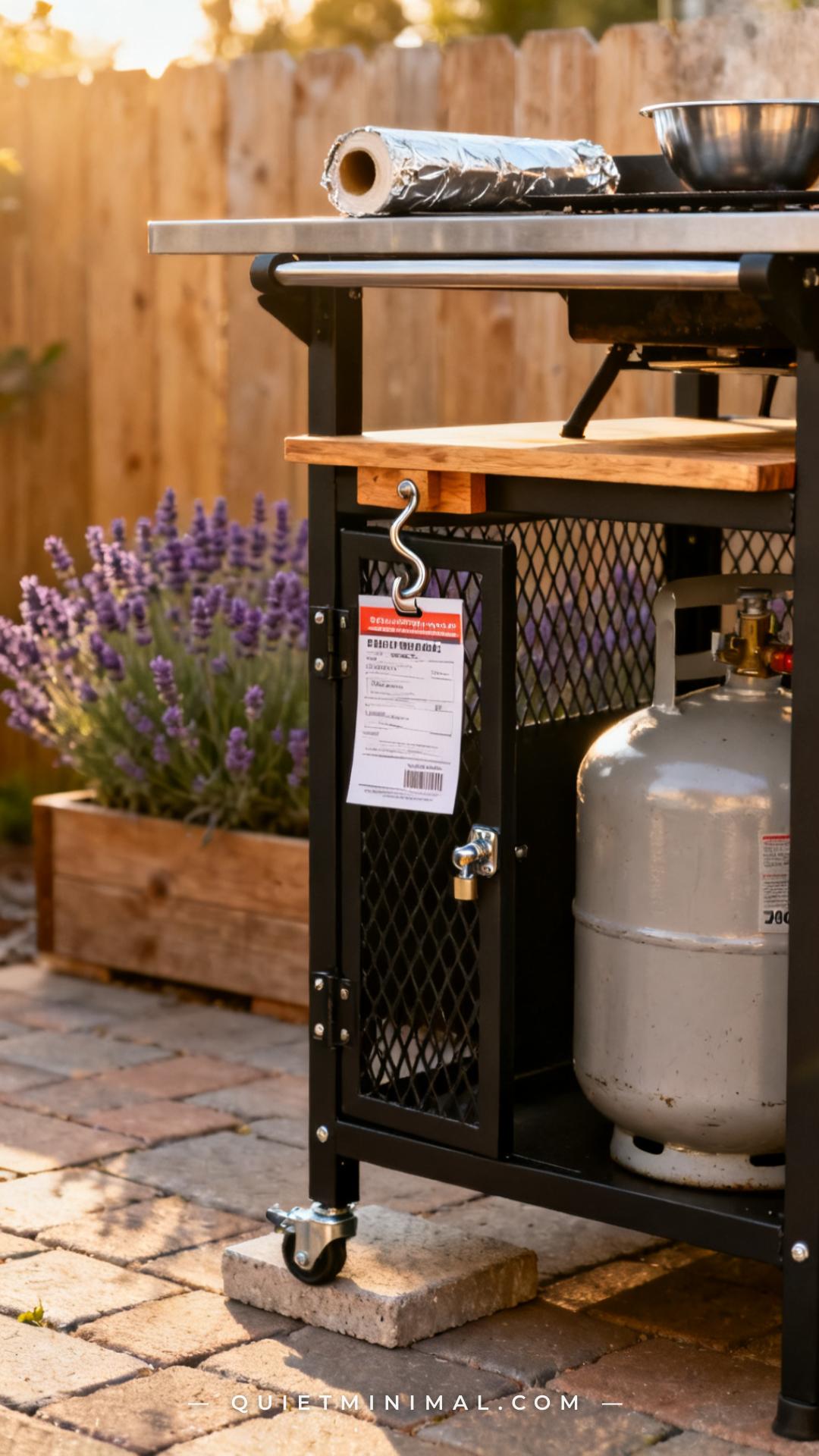 A wide vertical photograph of the lower section of a backyard flat-top griddle cart