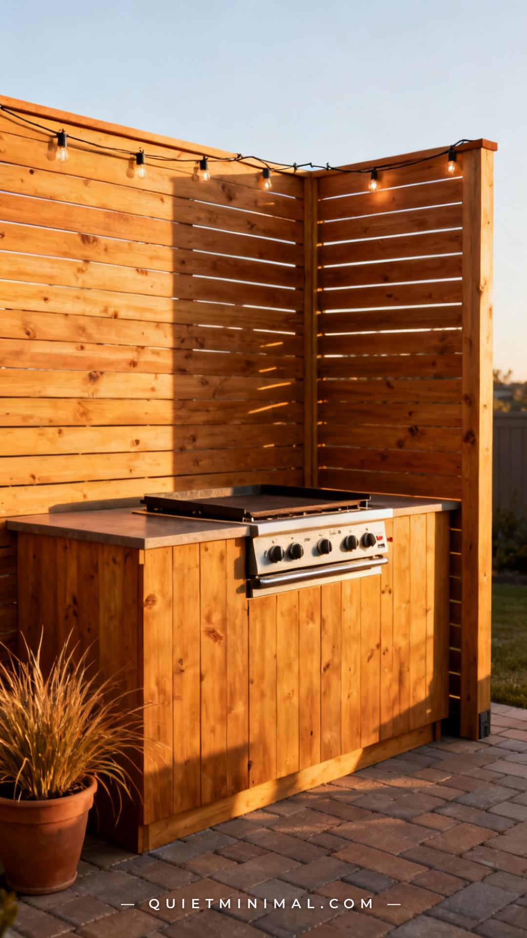 A wide establishing vertical photograph of a backyard griddle cooking station with a natural wind break built into the l