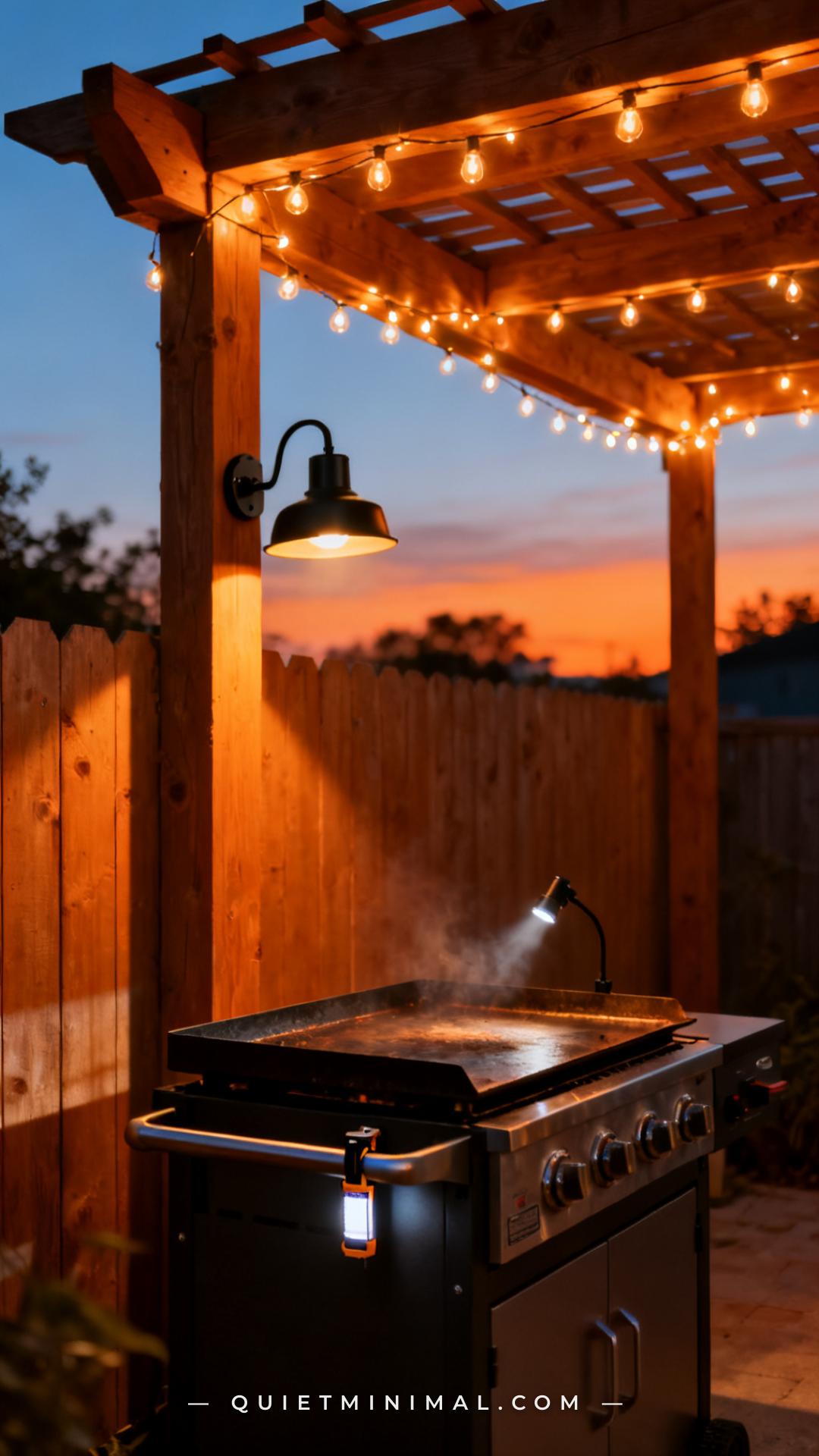 A wide vertical photograph of an outdoor griddle cooking station photographed at dusk