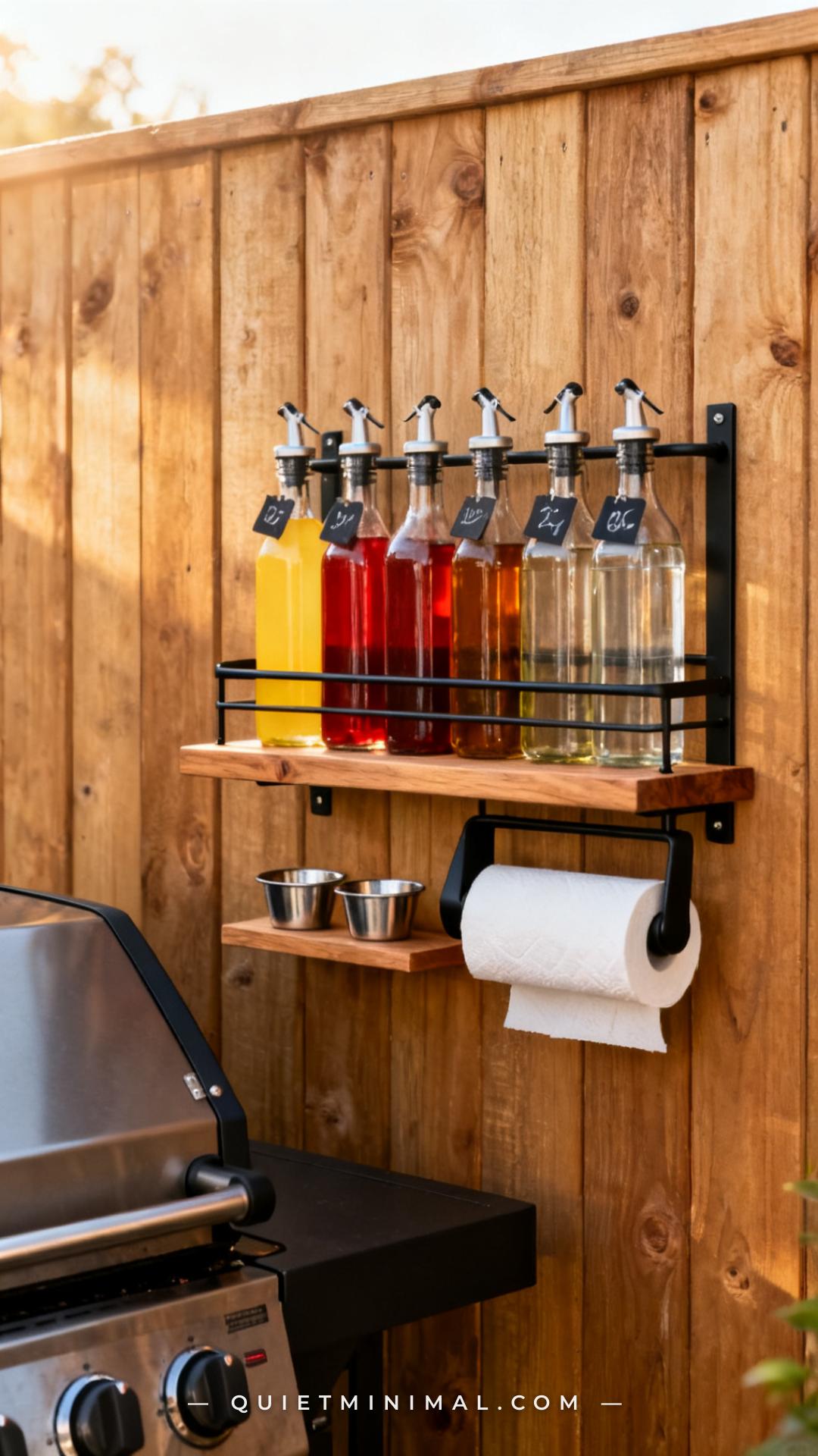 A wide vertical photograph of a wall-mounted outdoor spice and sauce station positioned on a wood privacy fence beside a