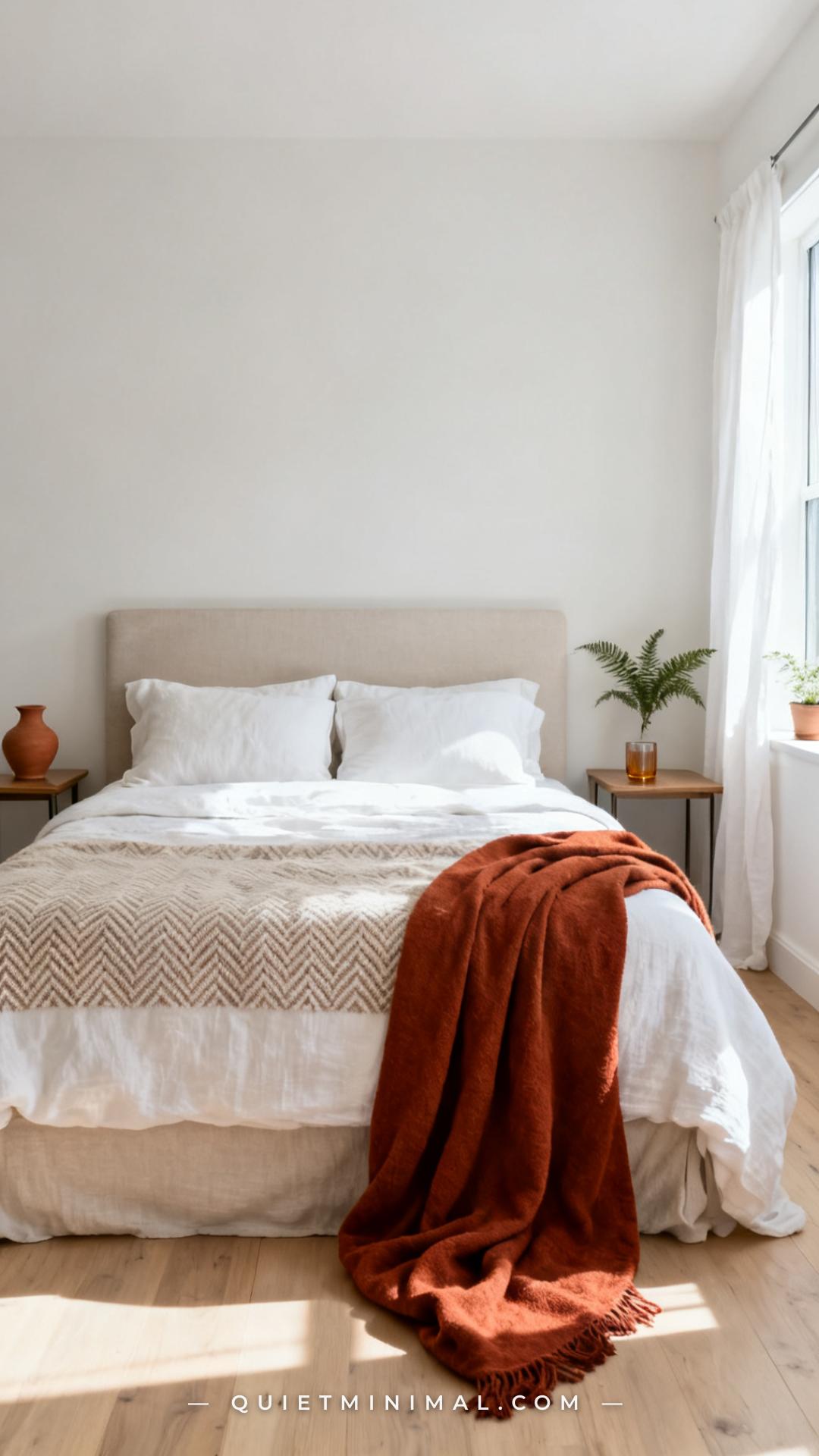 A wide vertical photograph of a fully styled guest bedroom with a neutral white and oatmeal bed as the base