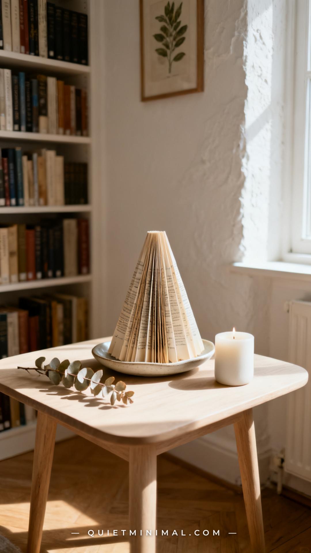 A vertical photograph captures a wide view of a pale oak side table in a reading corner