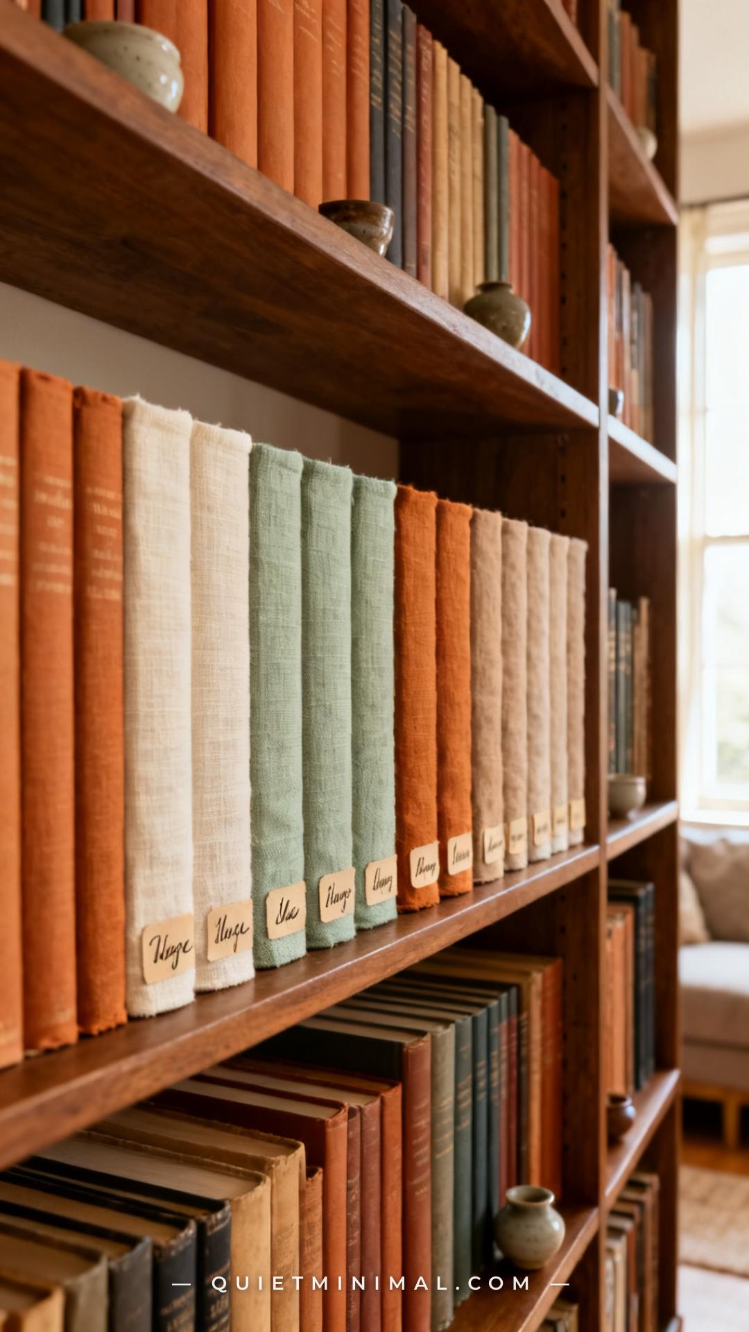 A vertical photograph captures a wide establishing shot of a full bookshelf in a home living room
