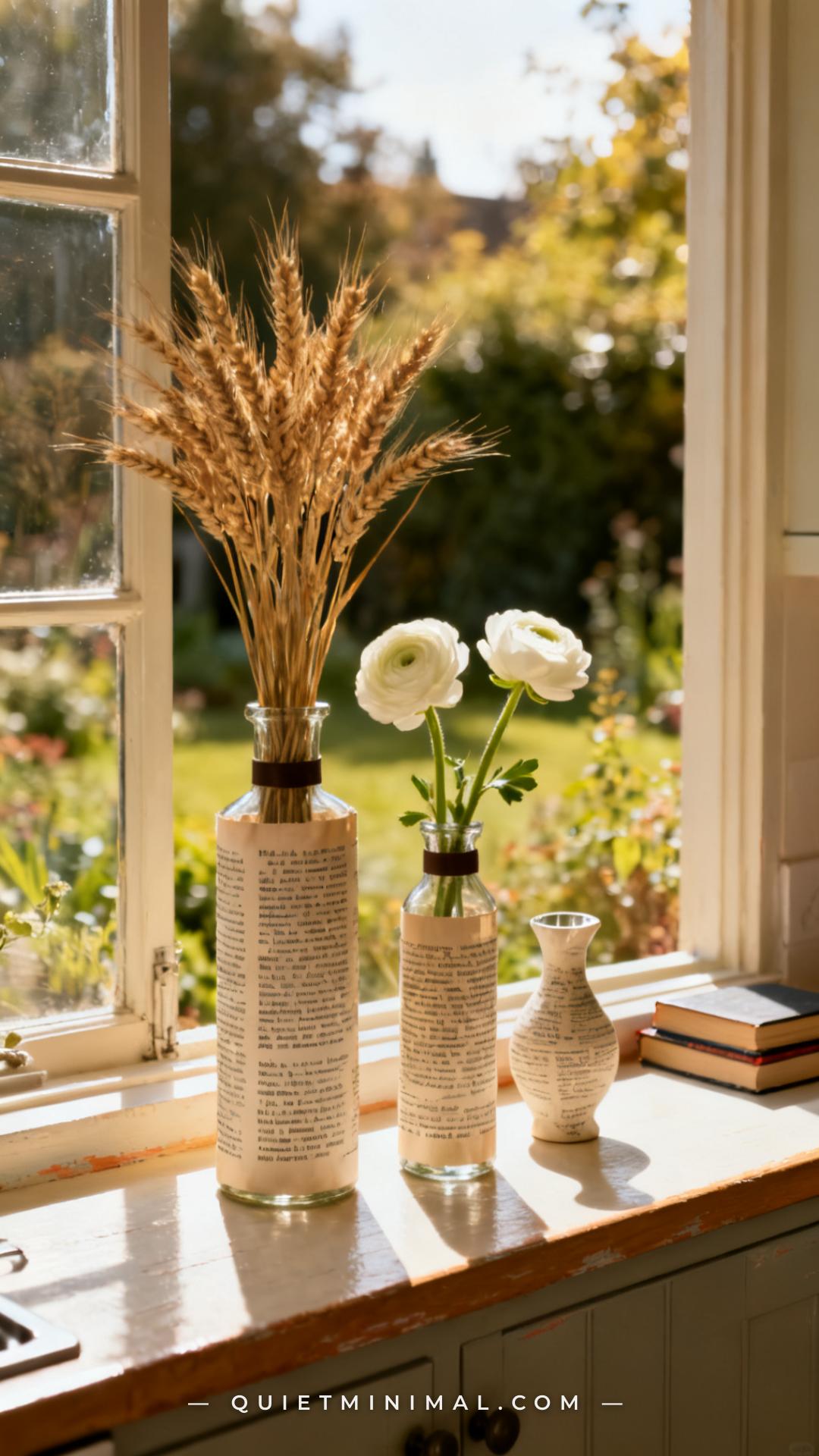 A vertical photograph captures a wide view of a windowsill in a sun-filled kitchen