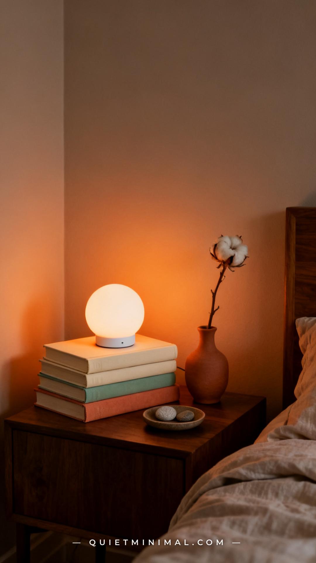 A vertical photograph captures a wide establishing shot of a bedroom nightstand corner at dusk