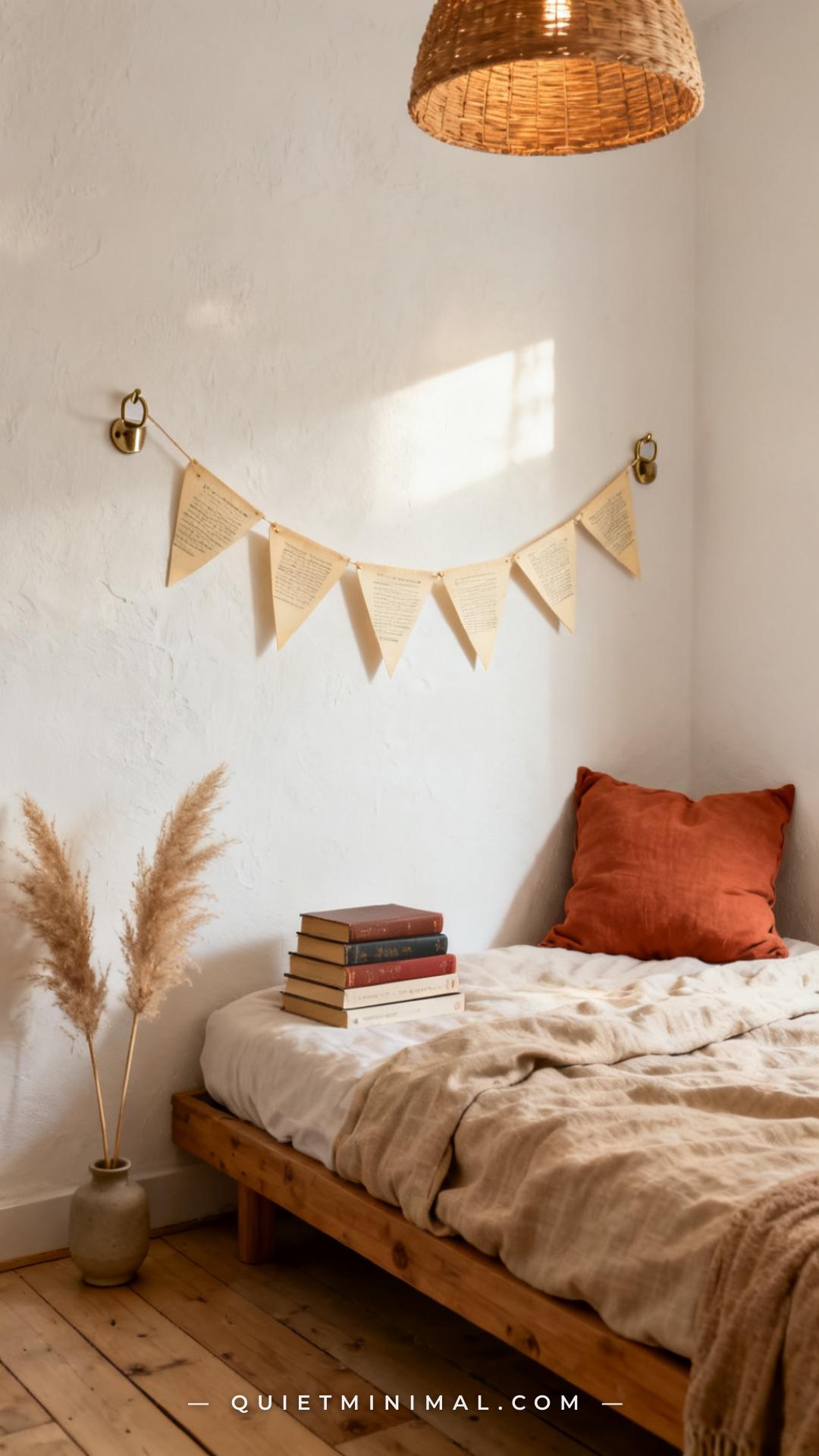 A vertical photograph captures a wide view of a reading corner in a bedroom