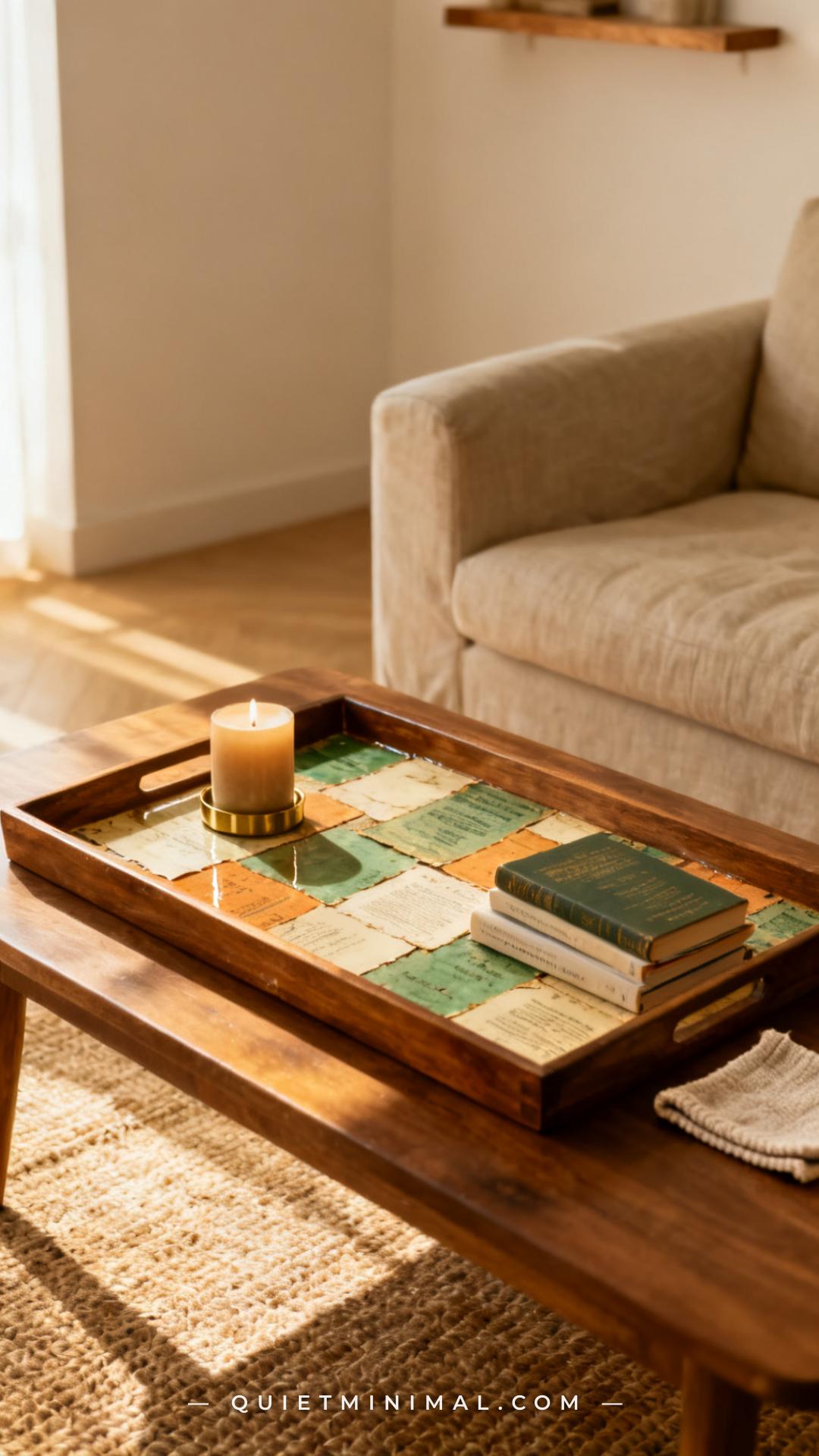A vertical photograph captures a wide establishing shot of a living room coffee table styled as a reading tray display
