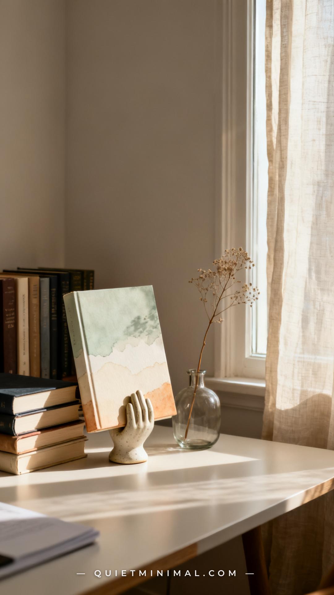 A vertical photograph captures a wide view of a light-filled desk area in a home office corner