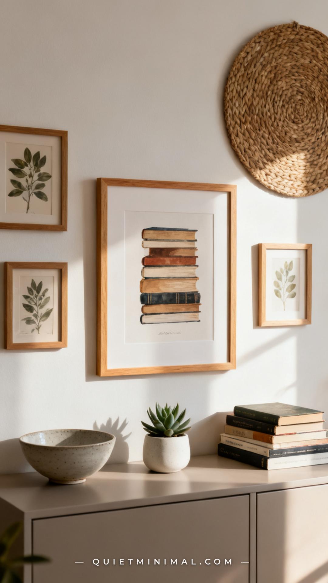A vertical photograph captures a wide view of a gallery wall arrangement in a living room