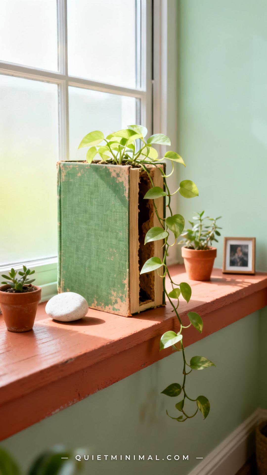 A vertical photograph captures a wide establishing shot of a windowsill in a bright apartment