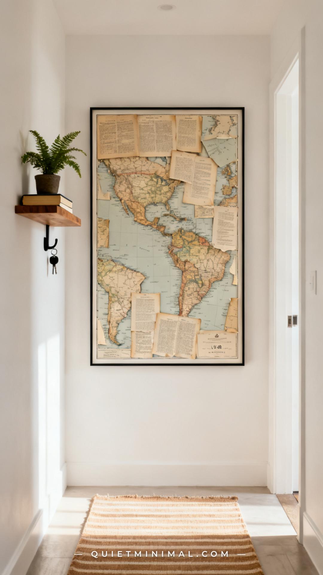 A vertical photograph captures a wide view of a hallway entry wall in a modern apartment styled with literary prints