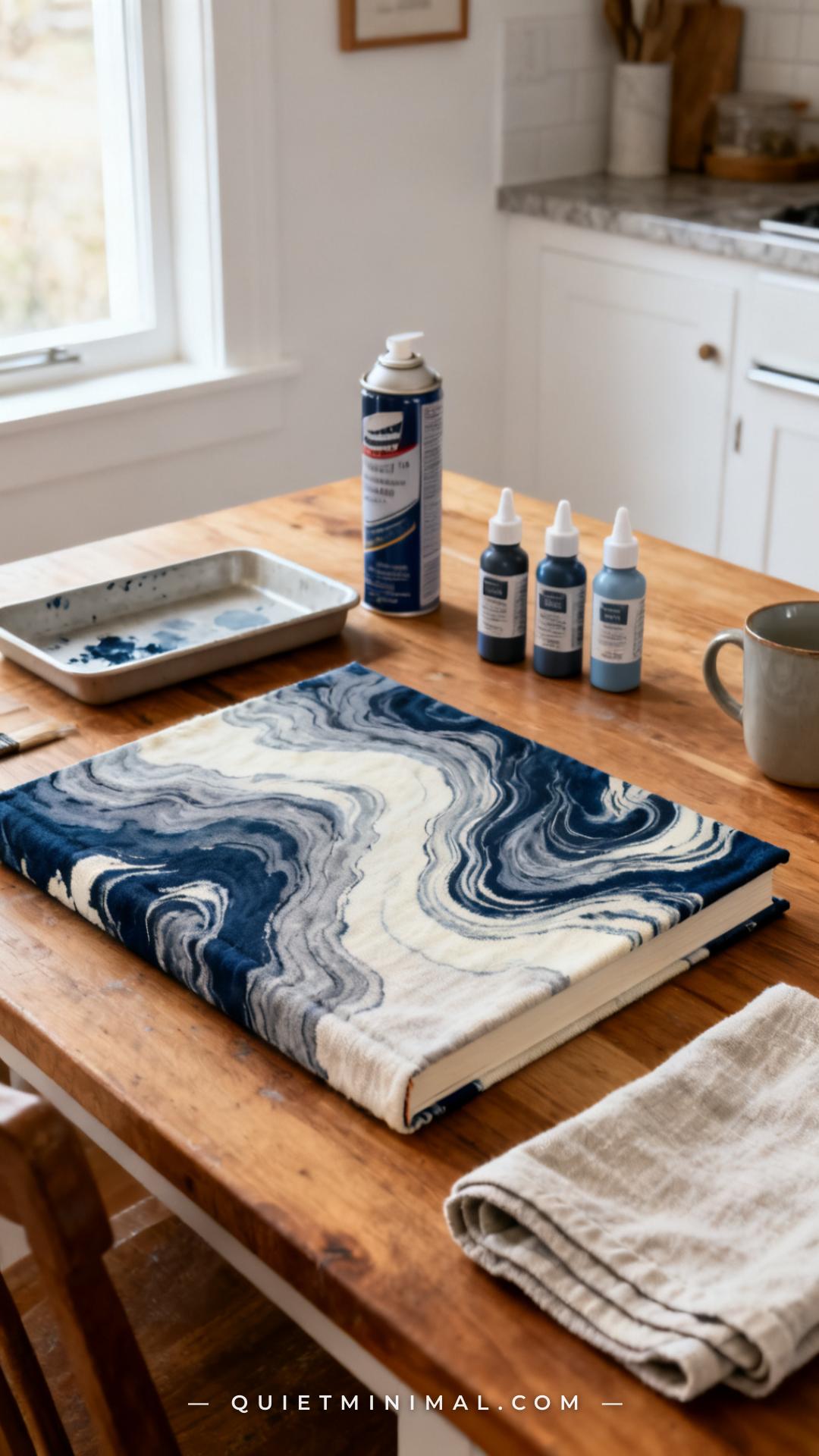 A vertical photograph captures a wide view of a craft workspace set up on a kitchen table for a cozy weekend afternoon