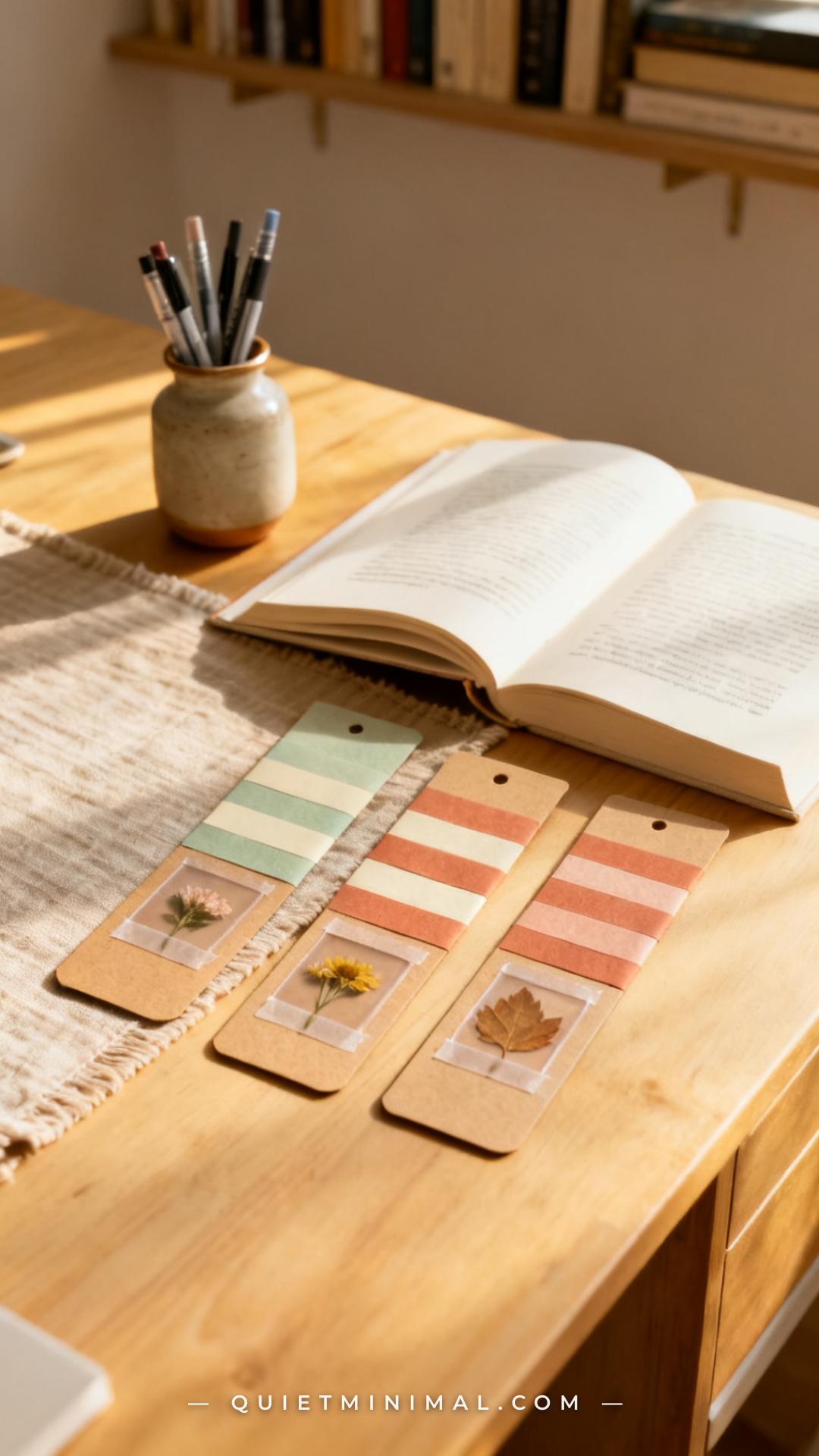 A vertical photograph captures a wide view of a light wooden desk surface styled for an afternoon craft session