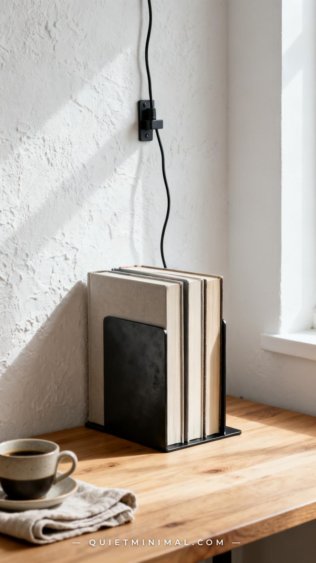 A vertical photograph captures a full reading desk corner viewed from a medium-wide angle