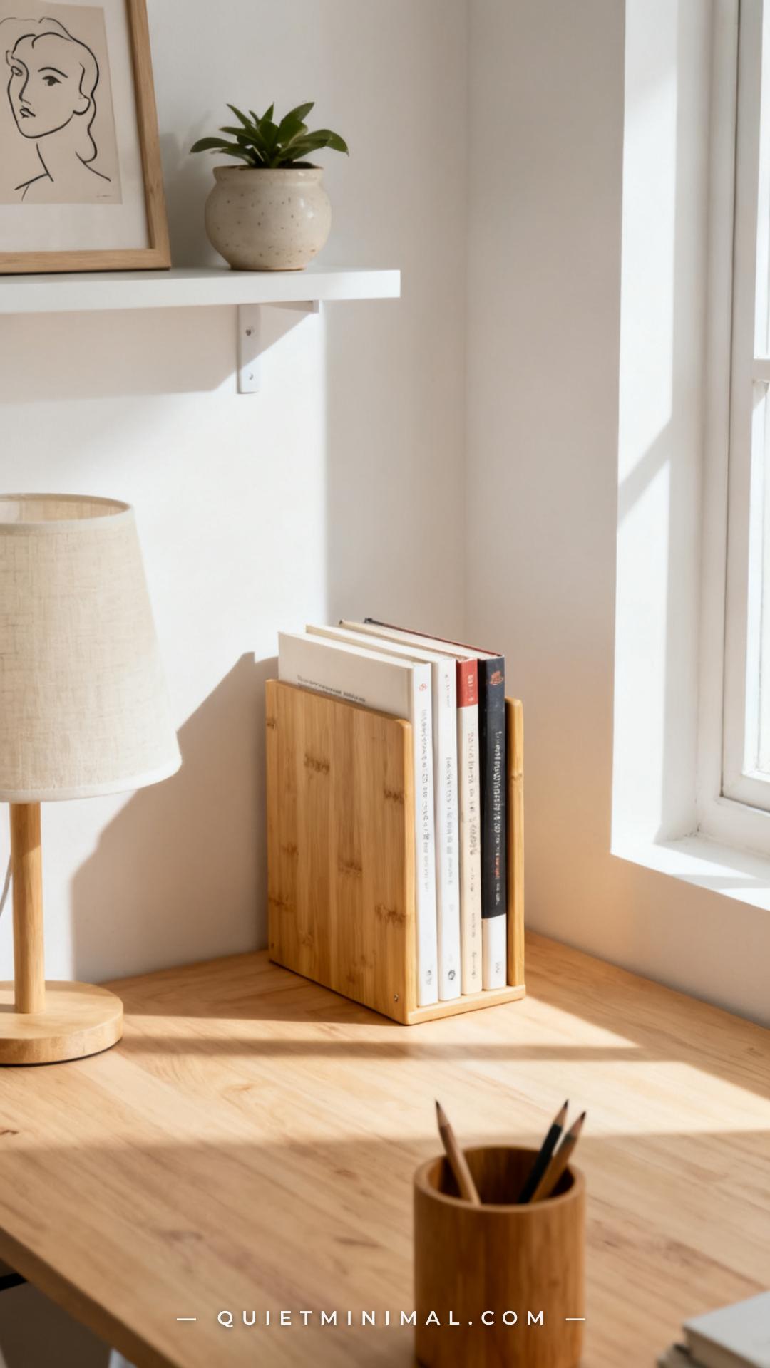 A vertical photograph captures a medium-wide view of a compact home desk featuring a slim