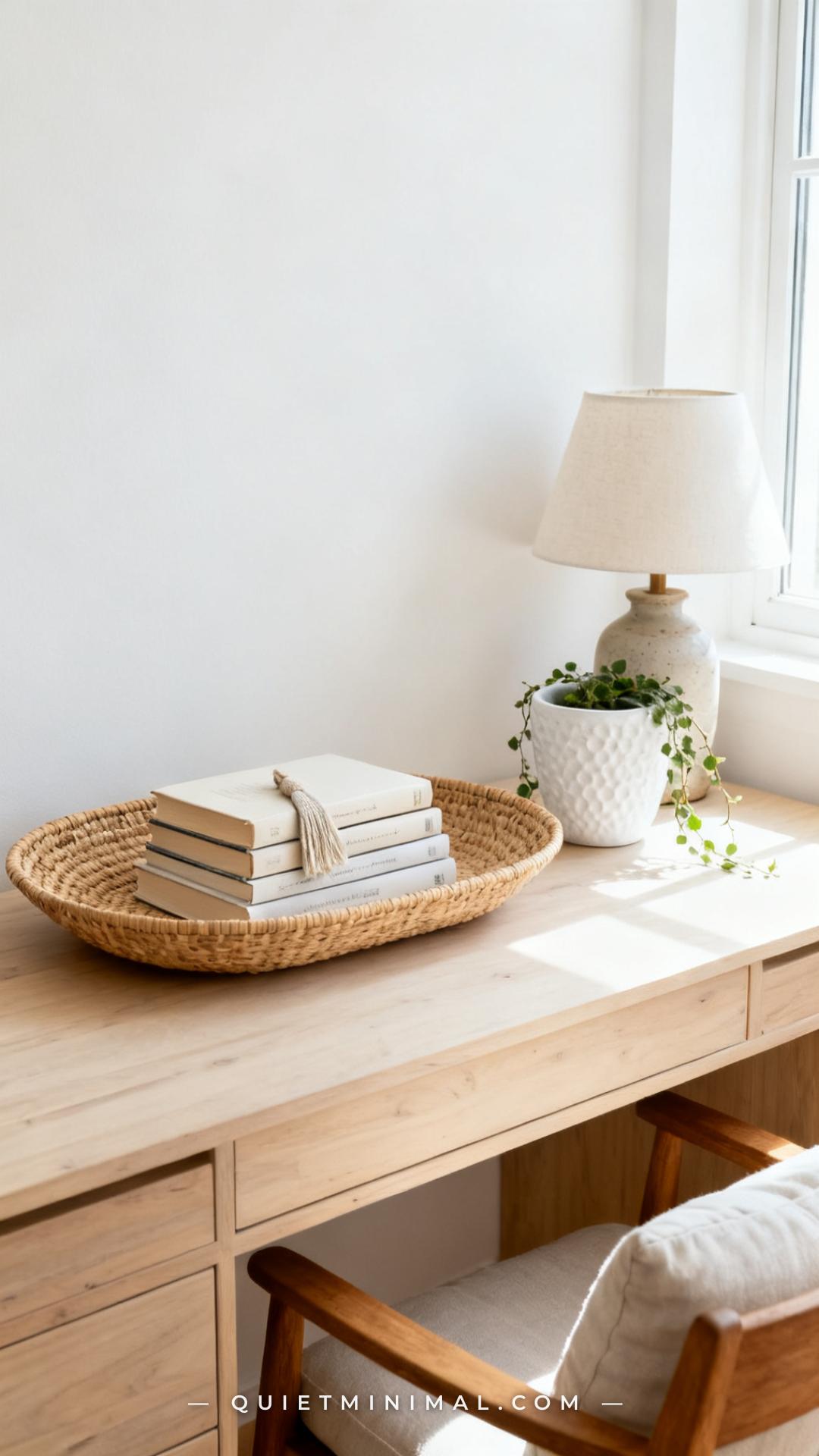 A vertical photograph captures a wide desk-surface vignette showing a low