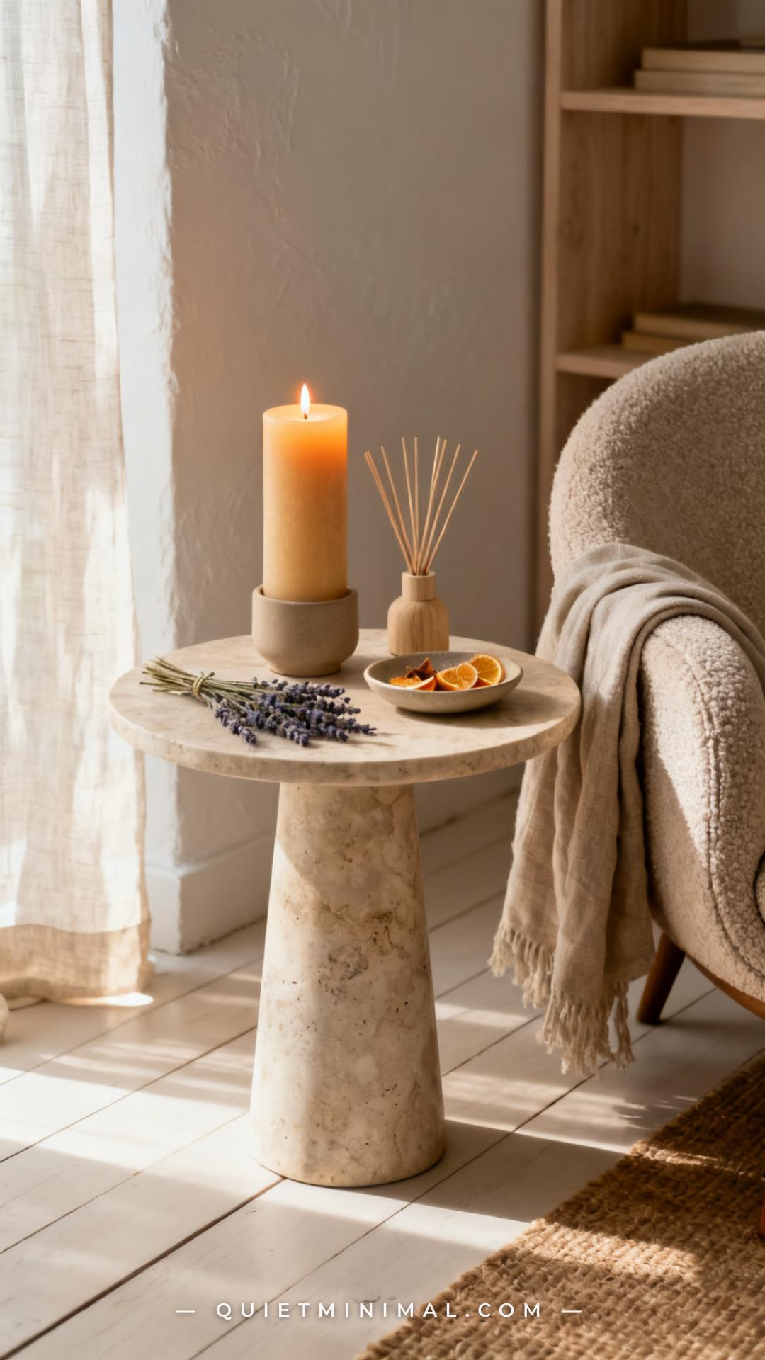 A medium-wide composition showing a reading corner side table scene in warm afternoon light