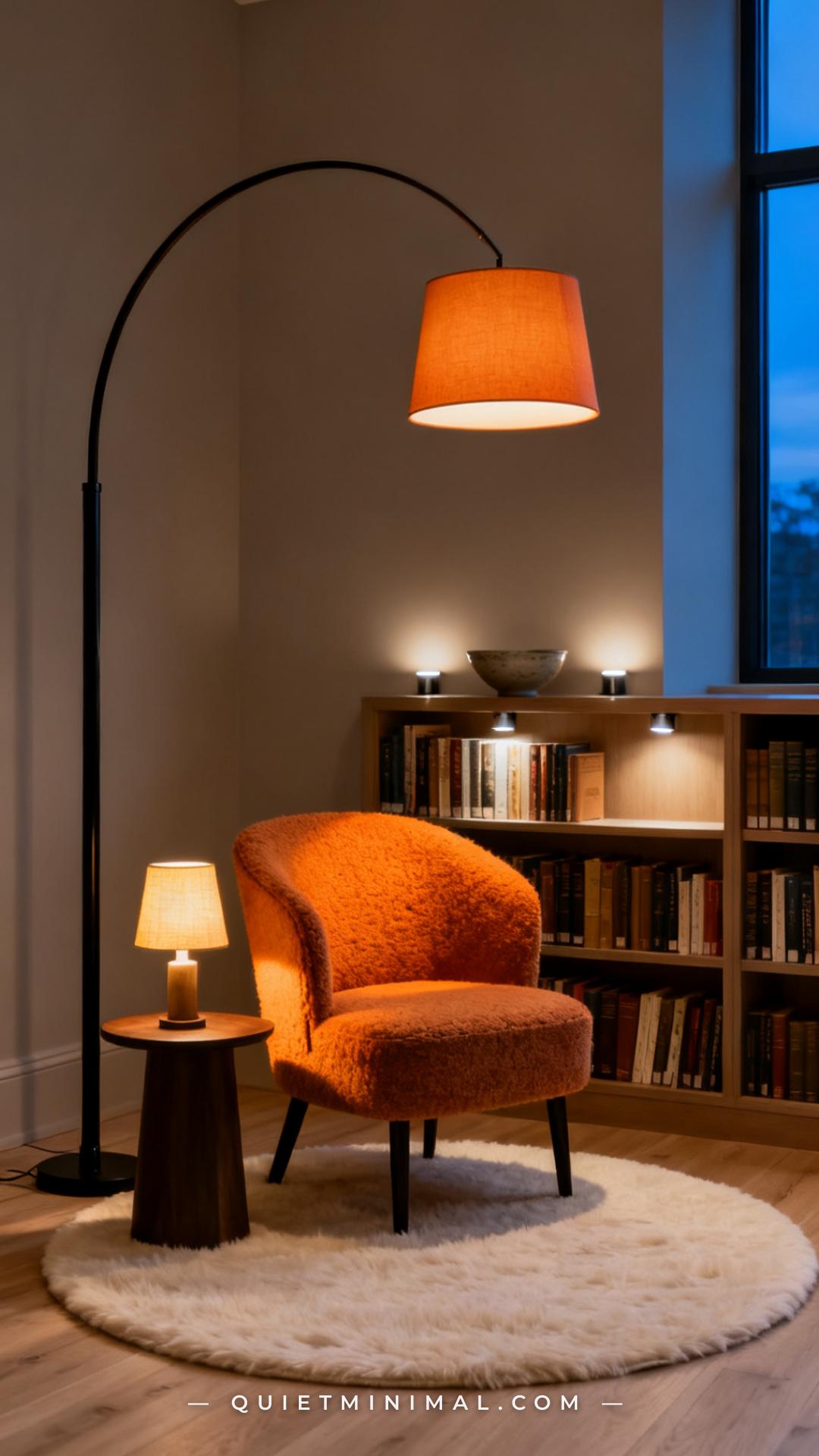 A medium-wide composition showing a cozy reading corner at dusk with three distinct light sources visible in the frame