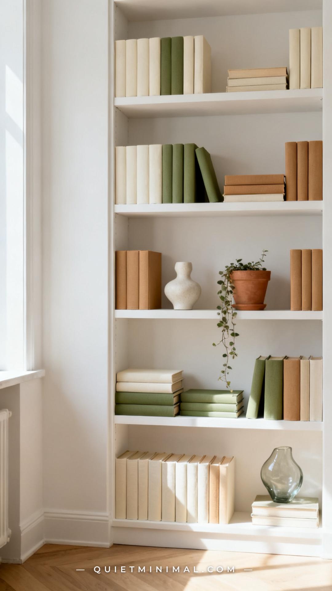 A medium-wide vertical photograph showing a full bookshelf unit in a bright