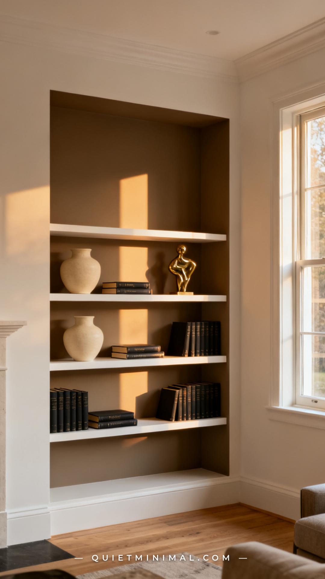 A wide establishing shot of a built-in bookshelf alcove in a warm