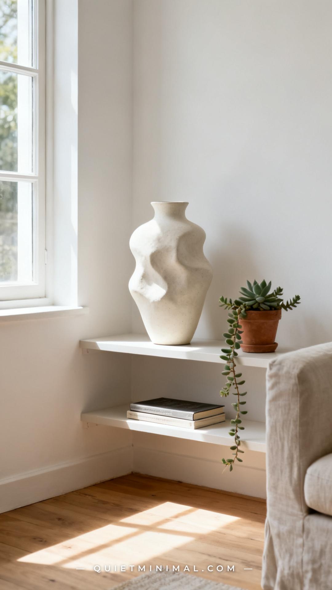 A vertical medium-wide photograph of a bookshelf wall section in a Scandinavian-influenced living room