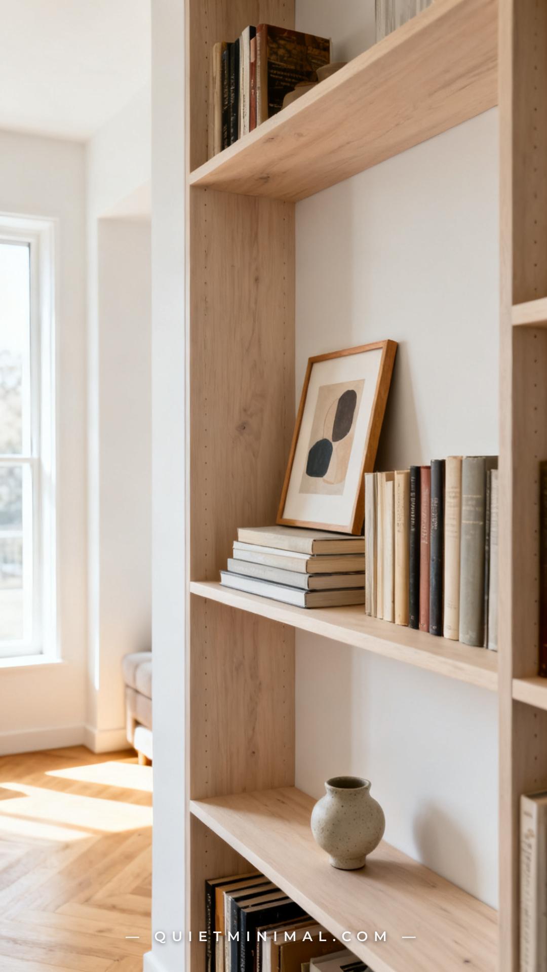 A wide vertical photograph of a styled bookshelf section in a bright