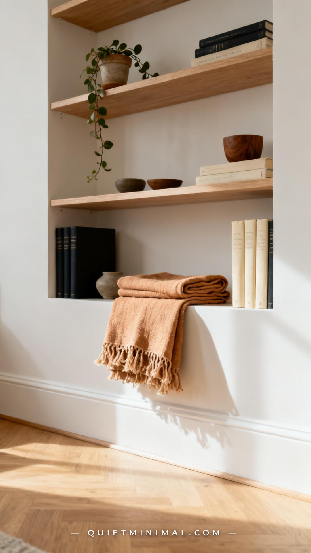 A vertical wide-angle photograph of a full bookshelf unit set into a living room wall