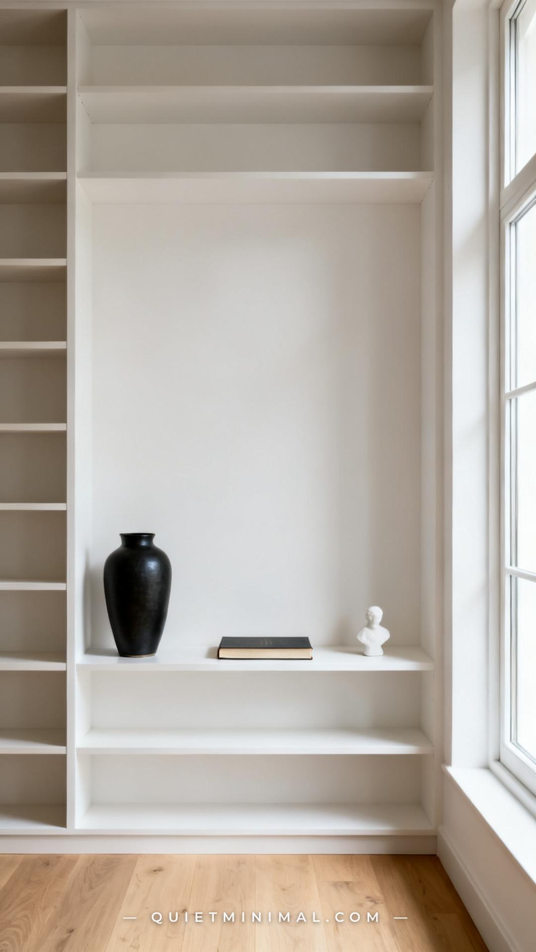 A medium-wide vertical photograph of a minimalist bookshelf wall in a Scandinavian living room