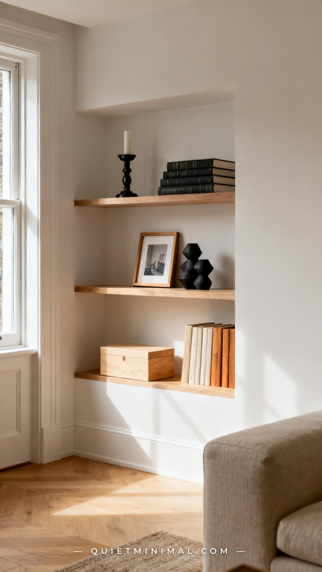 A wide vertical photograph of a styled bookshelf section in a warm