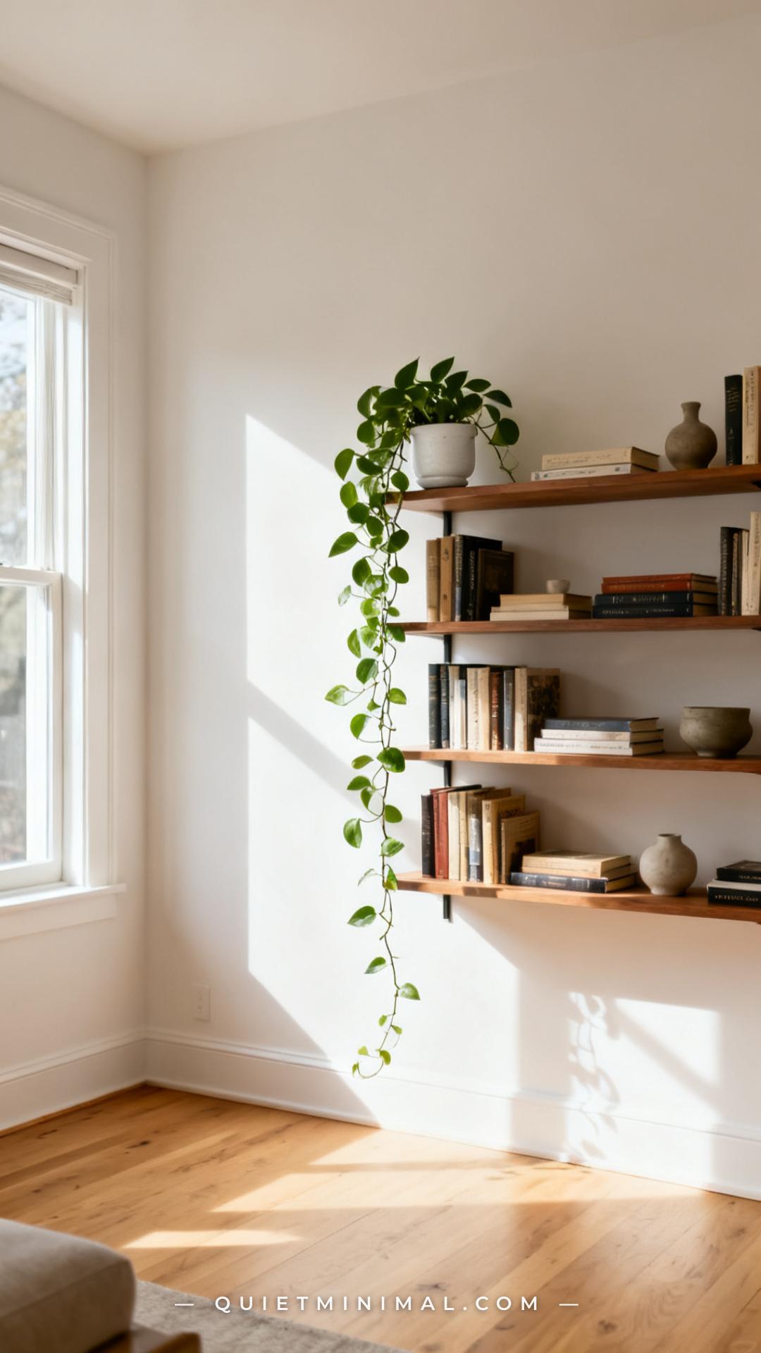 A vertical wide-angle photograph of a bookshelf unit in a bright
