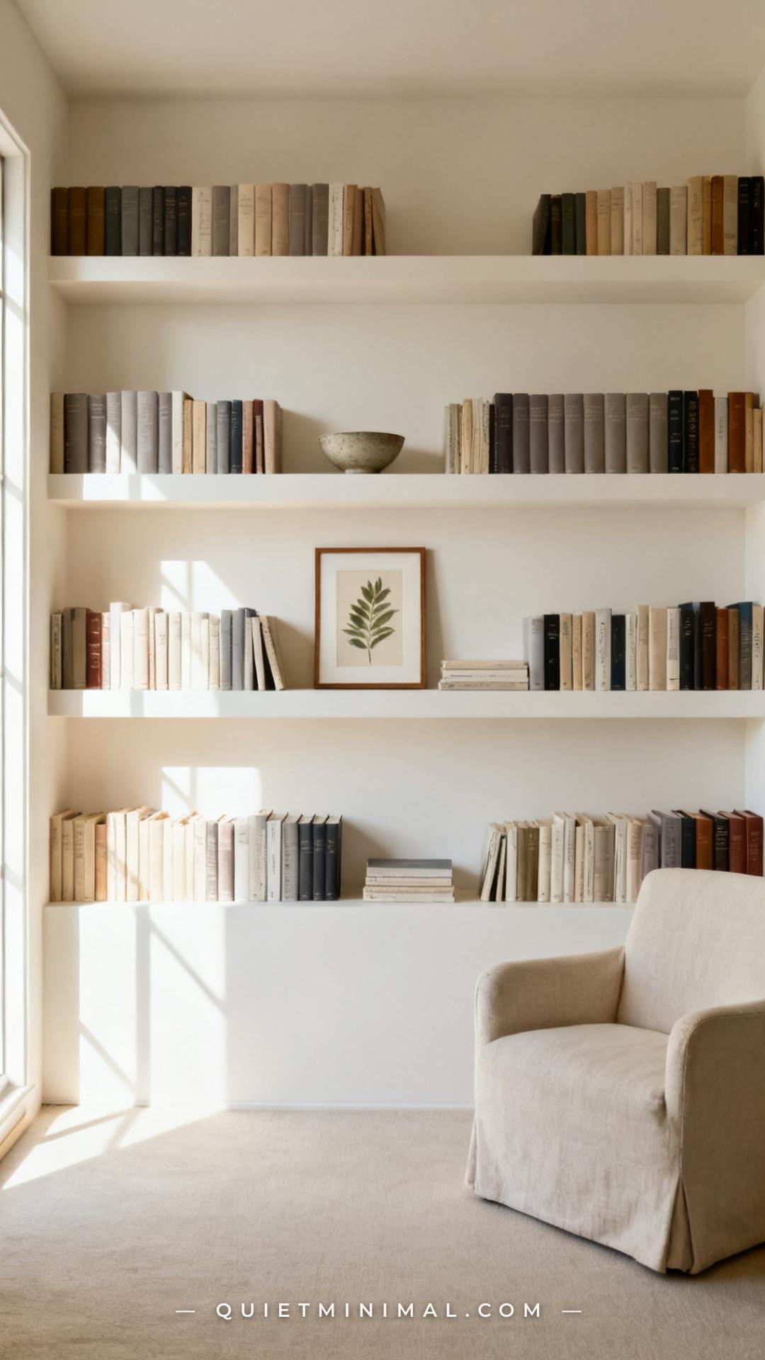 A wide-angle view of a living room bookshelf nook showing three tiers of books arranged by spine color in soft whites