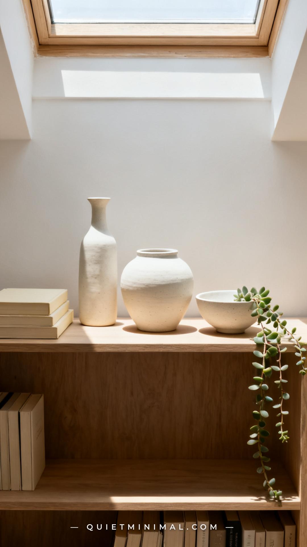 A wide establishing shot of a living room bookshelf tier showing a tight composition of three matte ceramic vessels arra