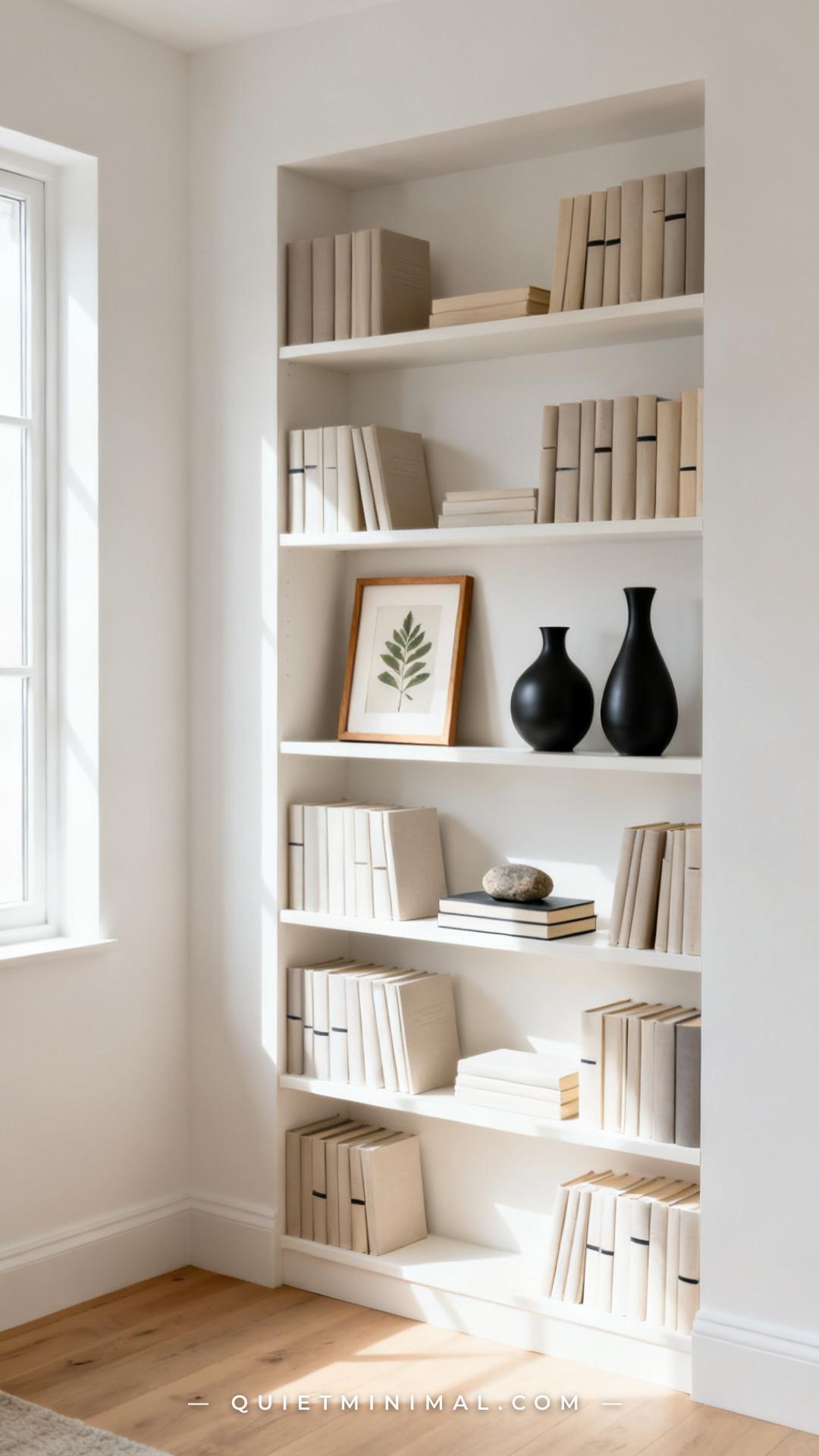 A vertical photograph captures a full five-tier open bookshelf in a small but bright living room