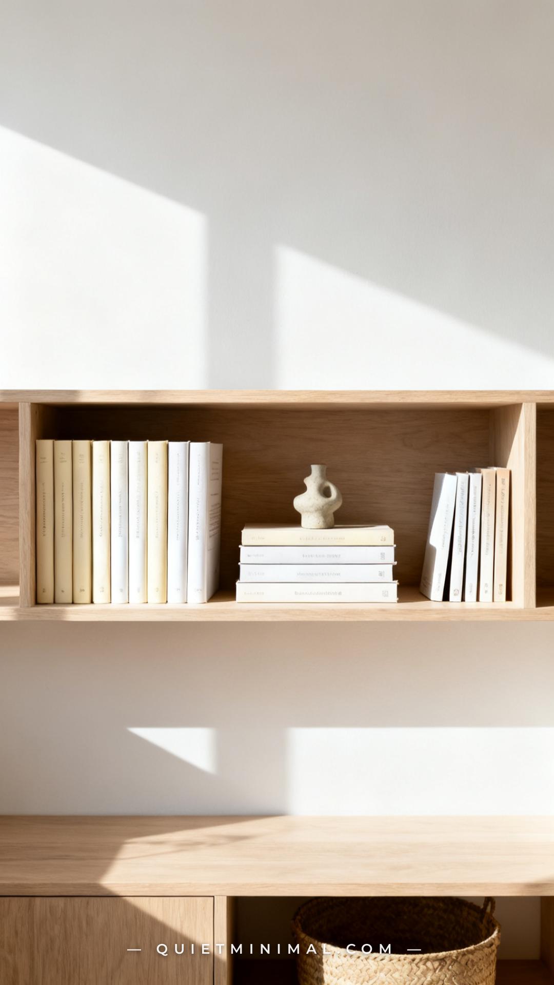 A wide-angle view of a light oak open bookshelf in a small