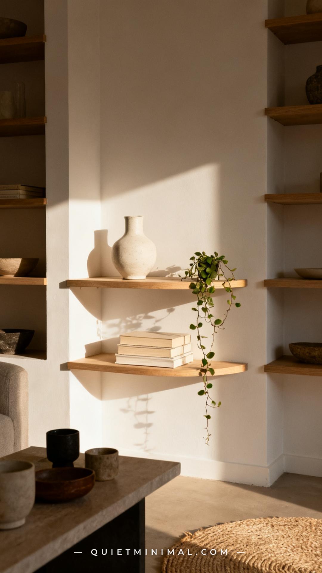 A vertical photograph of a small living room bookshelf in the process of being edited