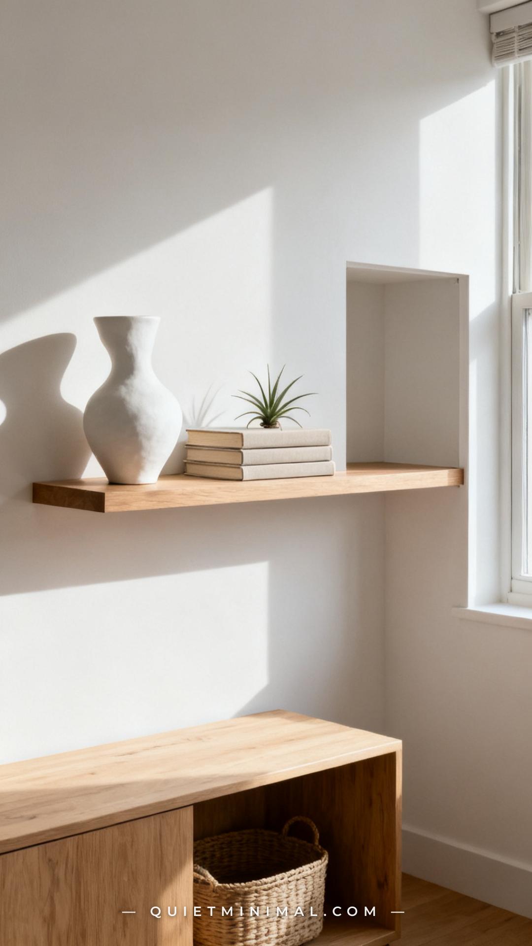 A medium-wide composition showing a single open wooden shelf mounted on a warm white wall in a small living room