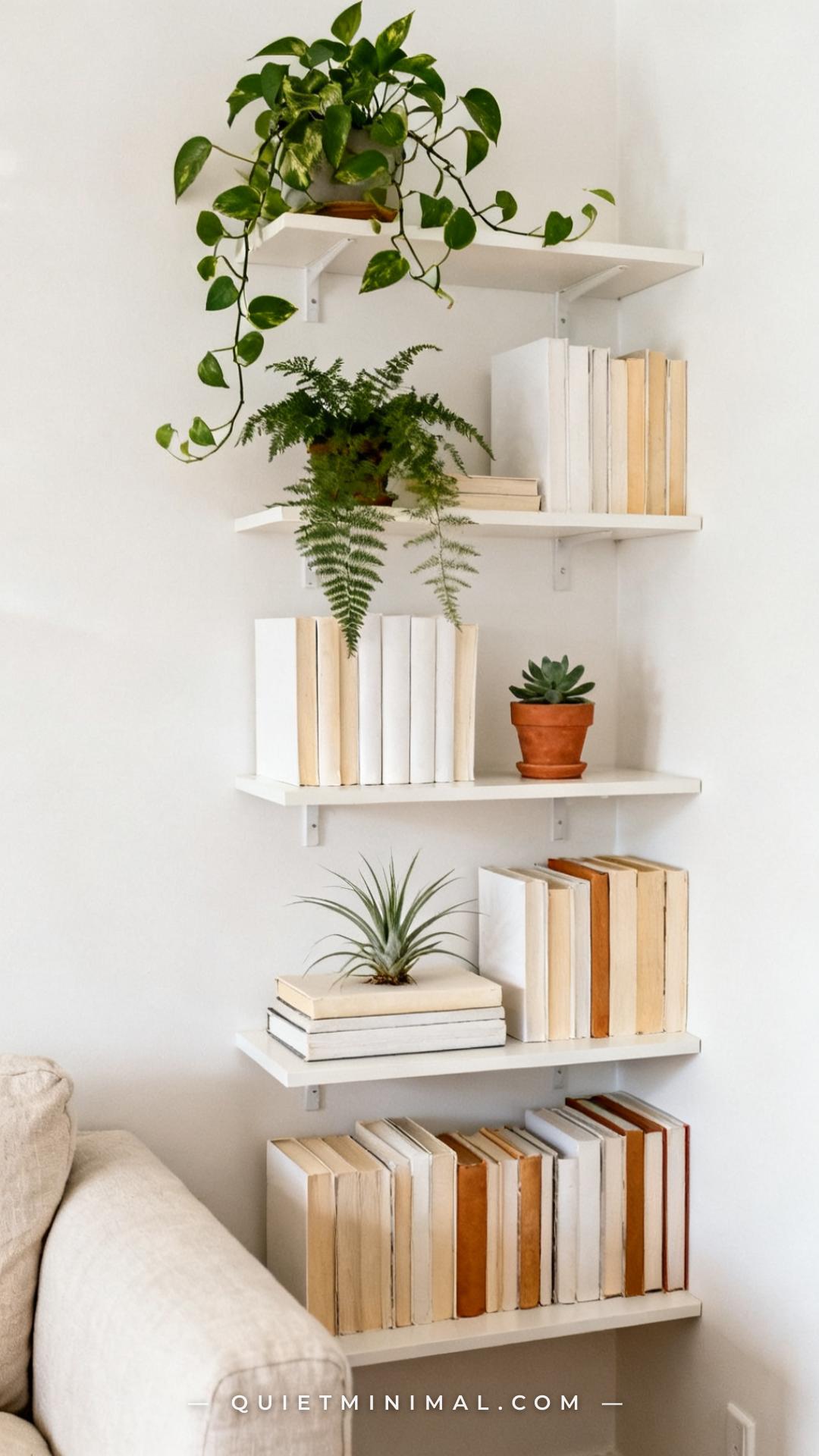 A vertical photograph captures a full bookshelf in a compact